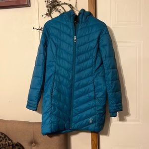 Spyder xl kids coat aqua colored polyester fill nylon with hood and side pockets